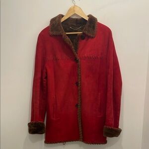 Red Genuine Shearling Coat with Brown Fur Collar and lining